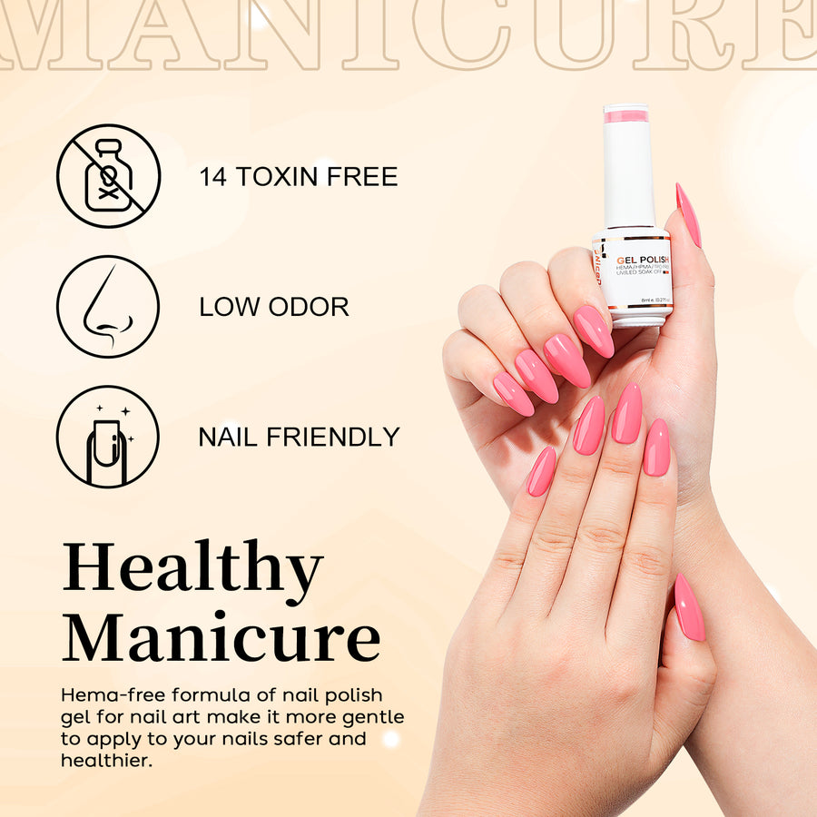 6-10 NiceDeco HEMA-Free Gel Polish Set (8ml*6) is free of HEMA/HPMA/TPO. Get a subtly stunning manicure with our NiceDeco HEMA-Free Gel Polish Set. This set includes 6 shades with a touch of shimmer, perfect for a low key but glamorous look. (No need to be extra, just extra fabulous.)