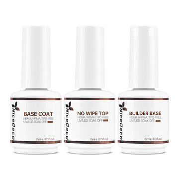 NiceDeco HEMA-free Gel Polish Set -  Base Coat + Top Coat + 7 in 1 Builder Base Gel (Clear)