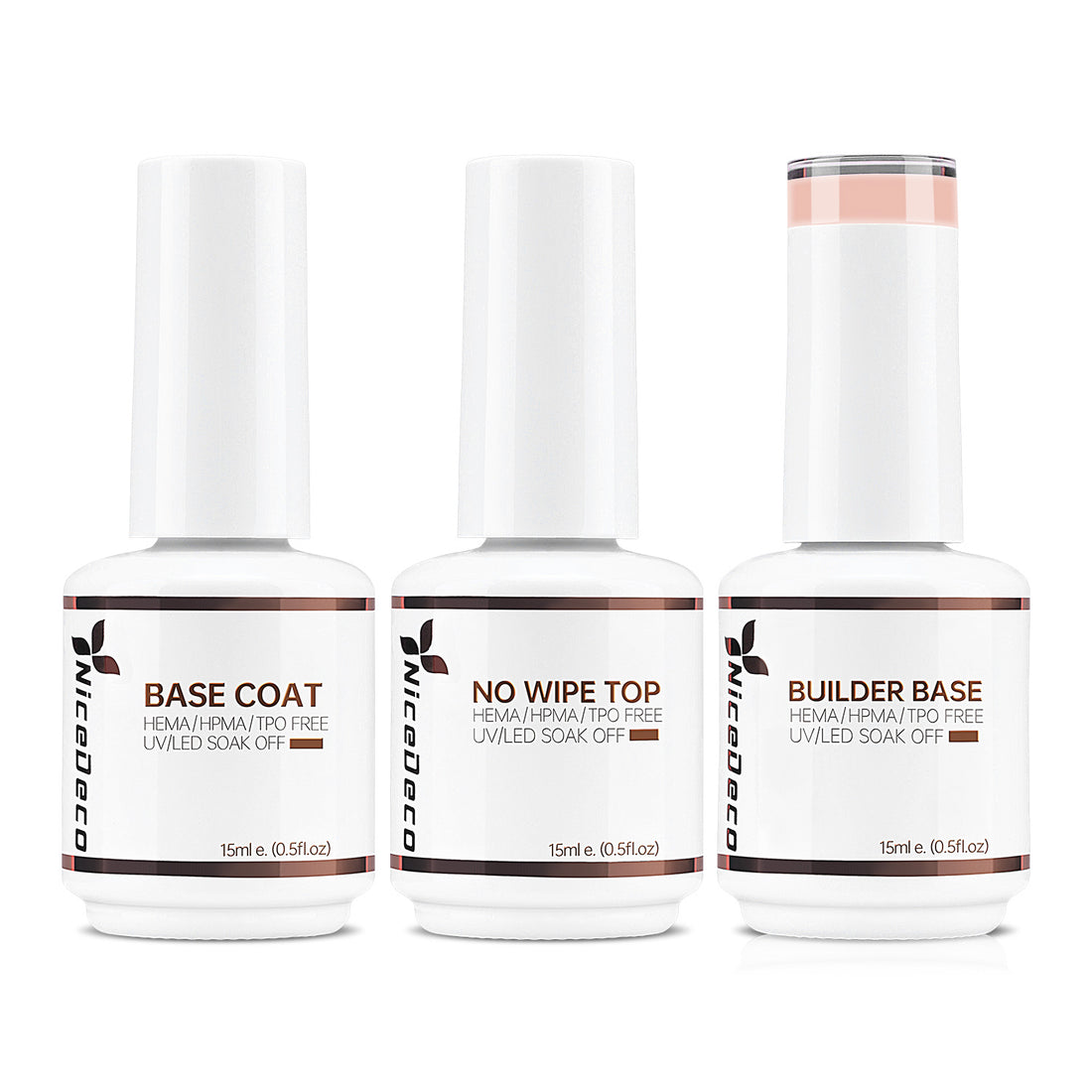 NiceDeco HEMA-free Gel Polish Set -  Base Coat + Top Coat + 8 in 1 Builder Base Gel (NB01)