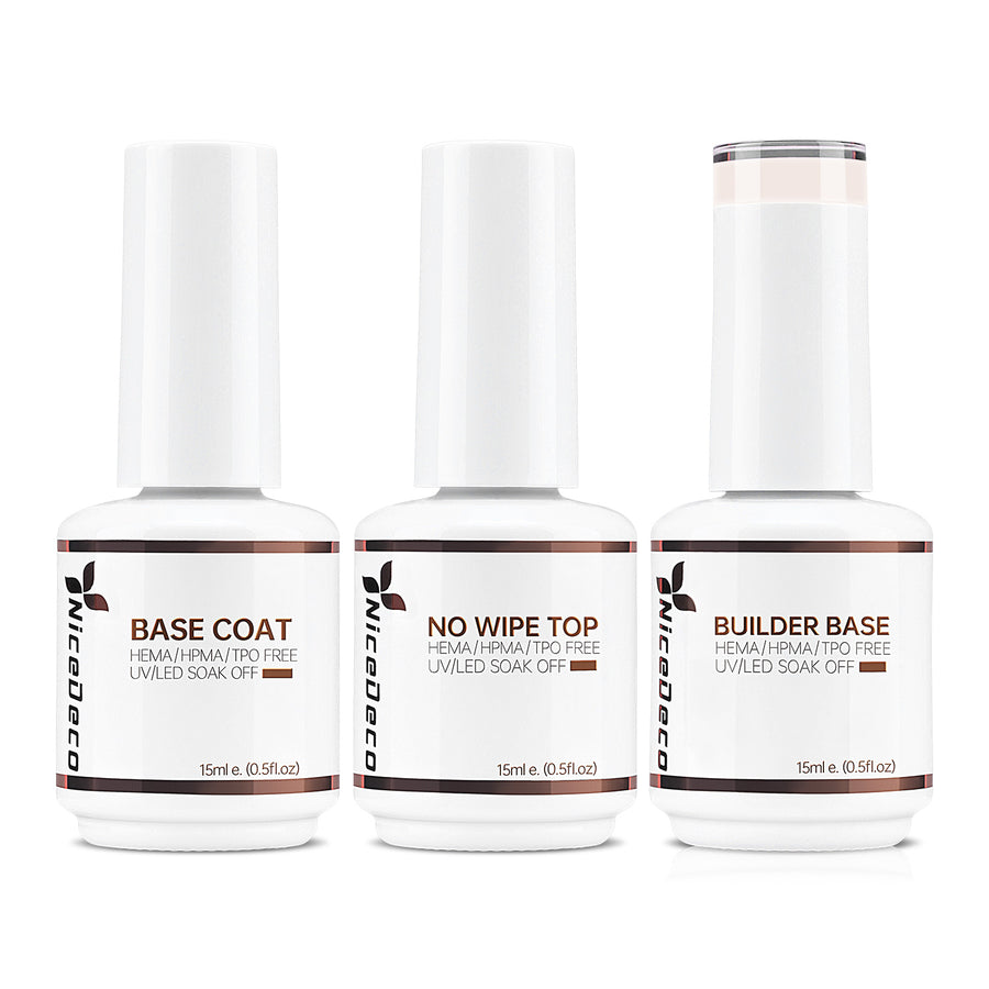 NiceDeco HEMA-free Gel Polish Set -  Base Coat + Top Coat + 8 in 1 Builder Base Gel (NB09)