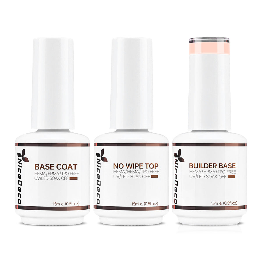 NiceDeco HEMA-free Gel Polish Set -  Base Coat + Top Coat + 8 in 1 Builder Base Gel (NB10)