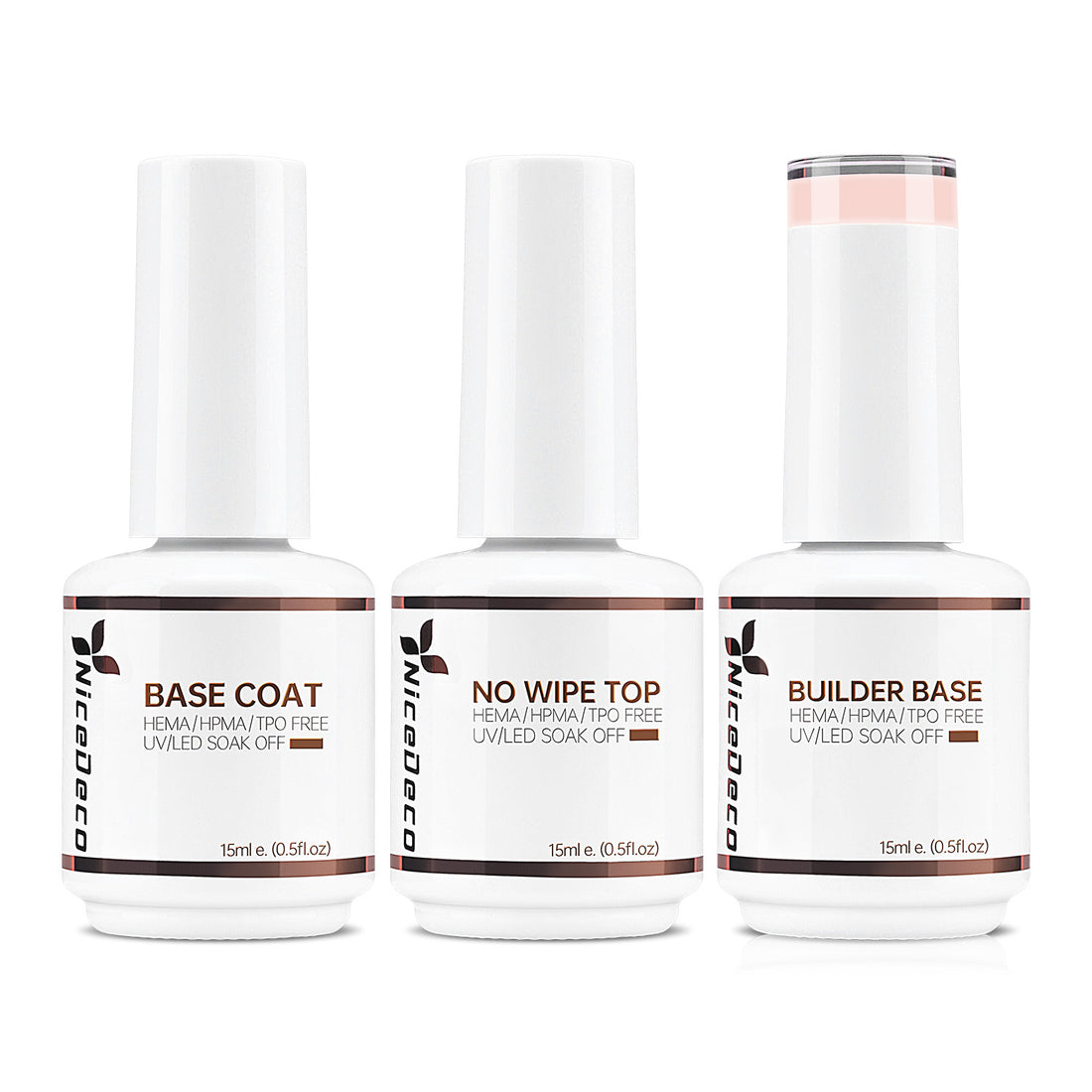 NiceDeco HEMA-free Gel Polish Set -  Base Coat + Top Coat + 8 in 1 Builder Base Gel (NB12)