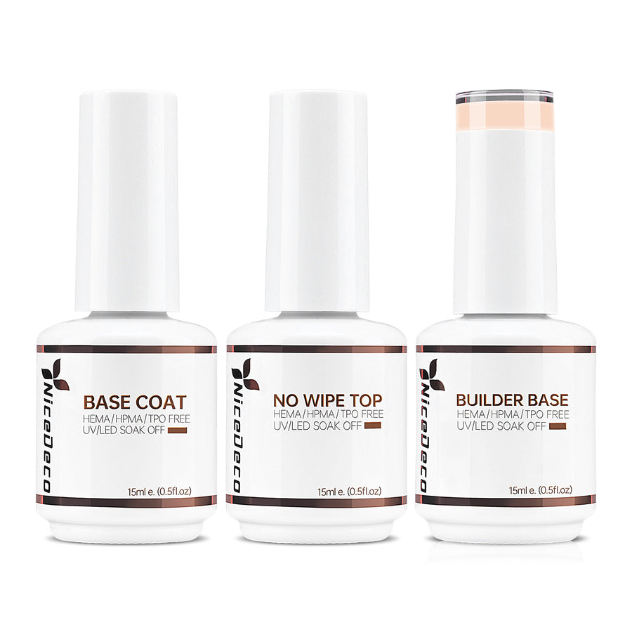 NiceDeco HEMA-free Gel Polish Set -  Base Coat + Top Coat + 8 in 1 Builder Base Gel (NB16)