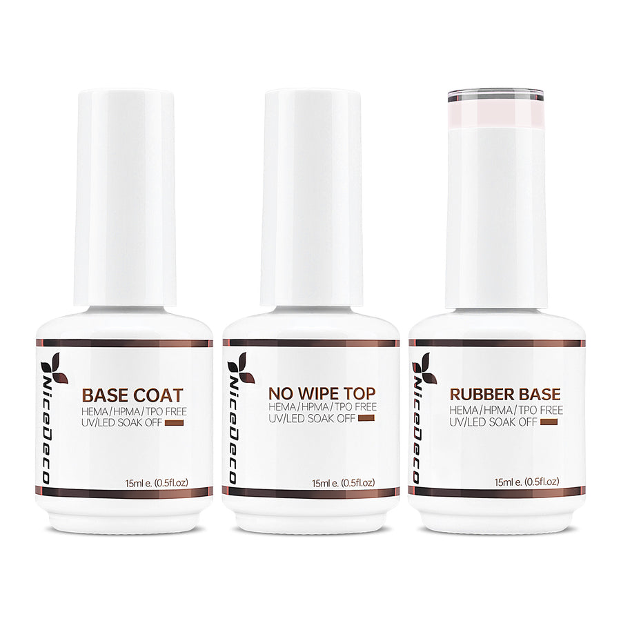 NiceDeco HEMA-free Gel Polish Set -  Base Coat + Top Coat + Rubber Base (NR01)