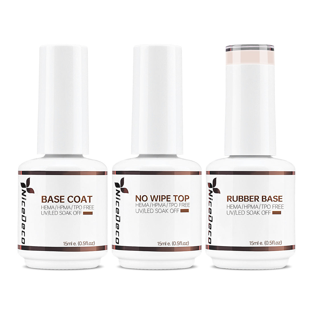 NiceDeco HEMA-free Gel Polish Set -  Base Coat + Top Coat + Rubber Base (NR02)