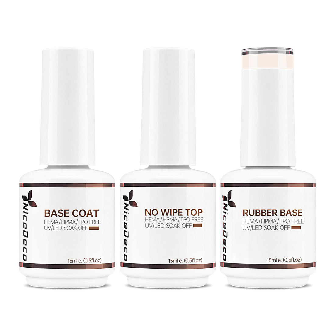 NiceDeco HEMA-free Gel Polish Set -  Base Coat + Top Coat + Rubber Base (NR05)