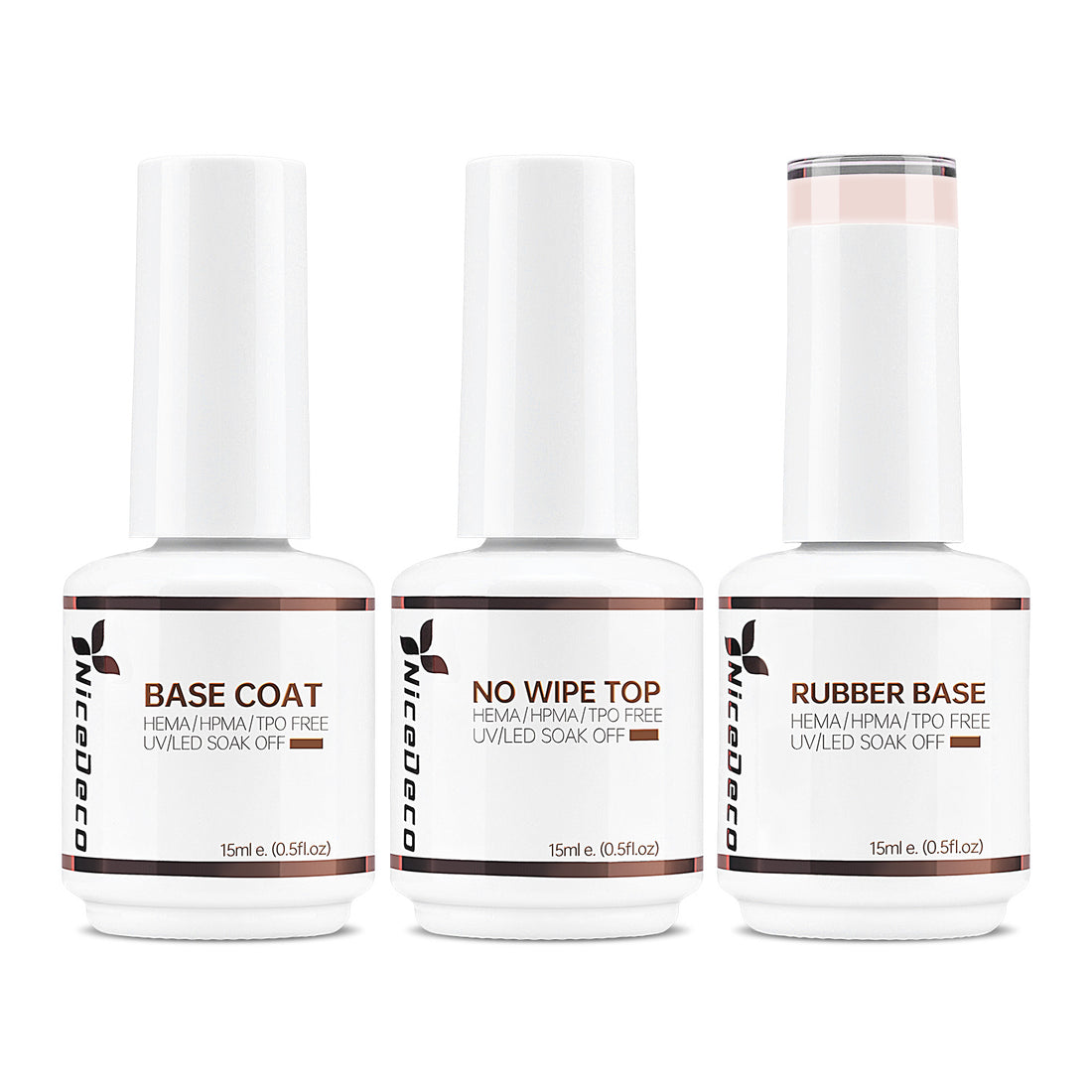 NiceDeco HEMA-free Gel Polish Set -  Base Coat + Top Coat + Rubber Base (NR06)