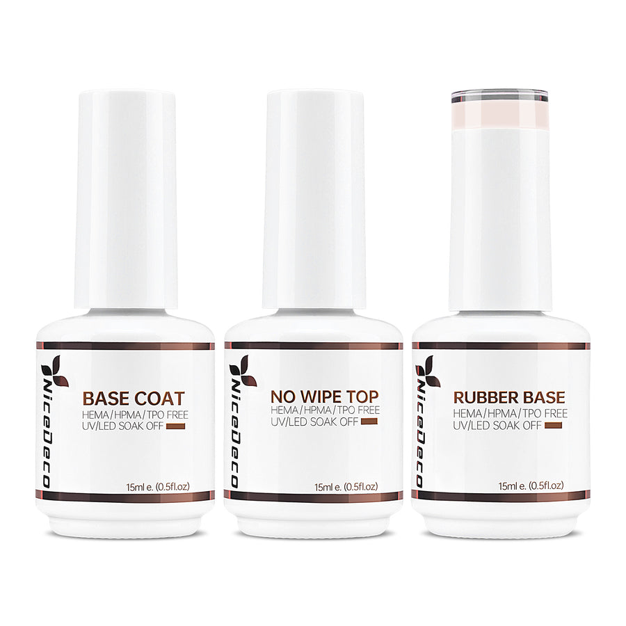 NiceDeco HEMA-free Gel Polish Set -  Base Coat + Top Coat + Rubber Base (NR09)