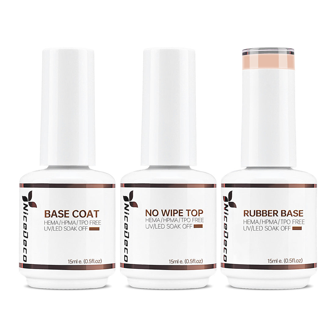 NiceDeco HEMA-free Gel Polish Set -  Base Coat + Top Coat + Rubber Base (NR10)