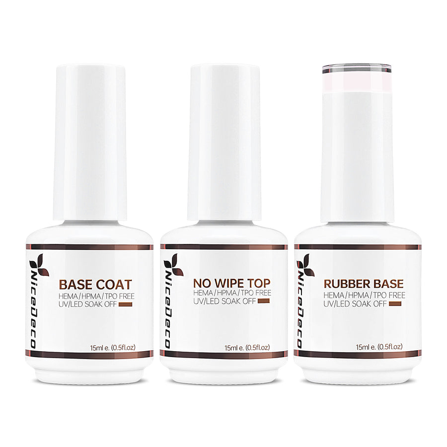 NiceDeco HEMA-free Gel Polish Set -  Base Coat + Top Coat + Rubber Base (NR14)