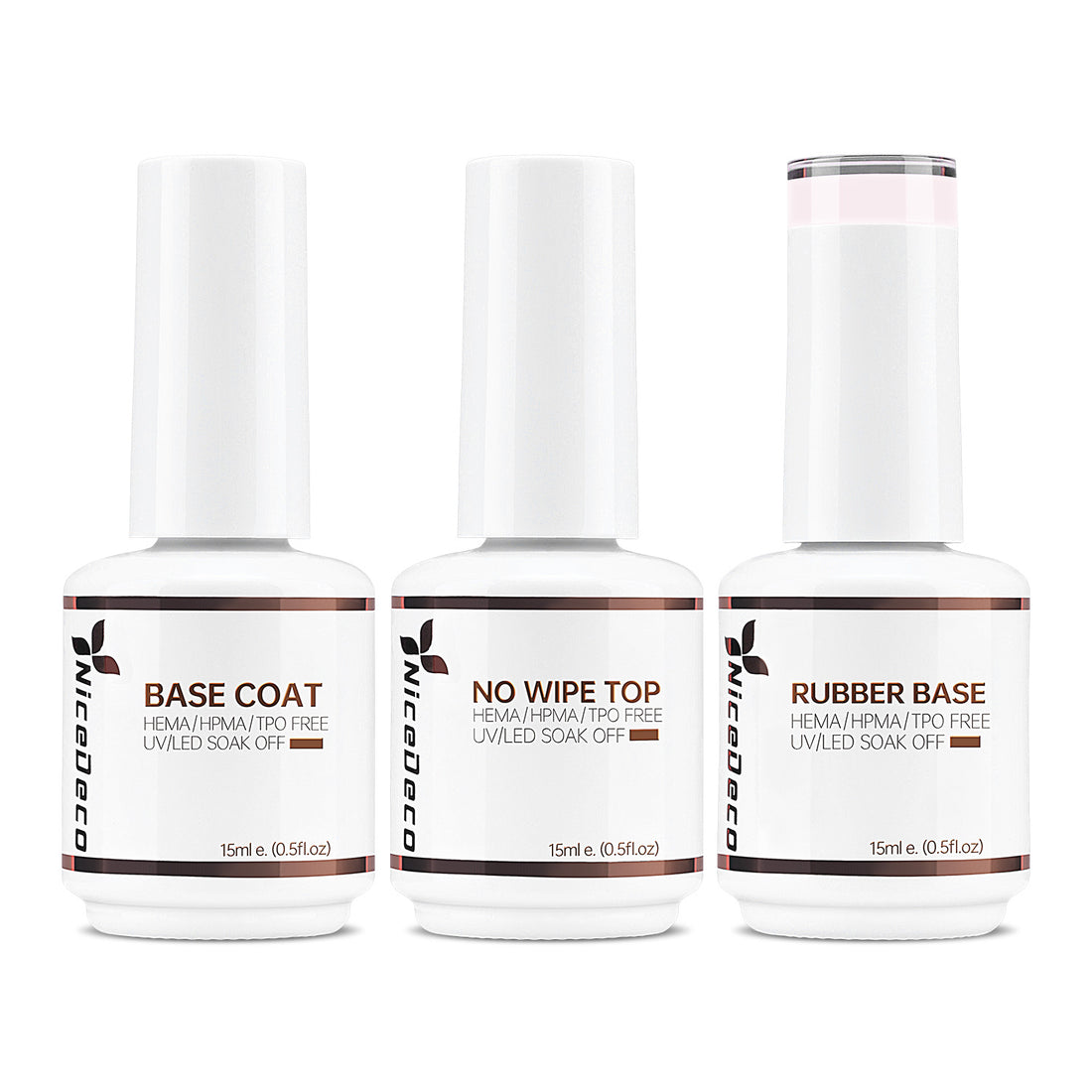 NiceDeco HEMA-free Gel Polish Set -  Base Coat + Top Coat + Rubber Base (NR15)