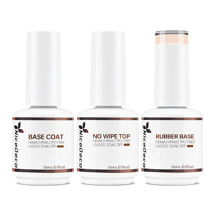 NiceDeco HEMA-free Gel Polish Set -  Base Coat + Top Coat + Rubber Base (NR16)