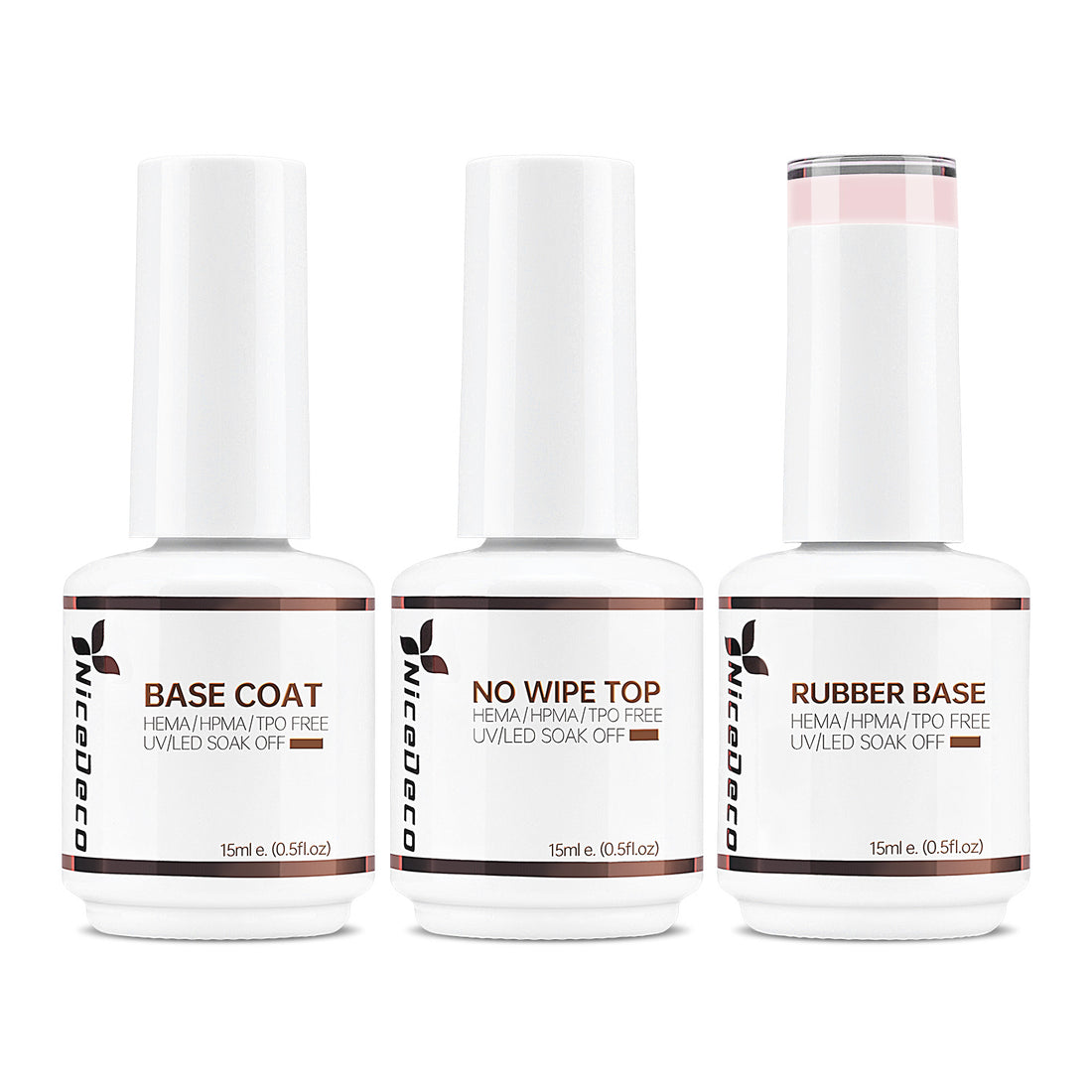 NiceDeco HEMA-free Gel Polish Set -  Base Coat + Top Coat + Rubber Base (NR22)