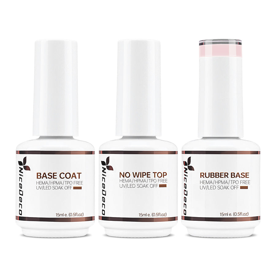 NiceDeco HEMA-free Gel Polish Set -  Base Coat + Top Coat + Rubber Base (NR22)