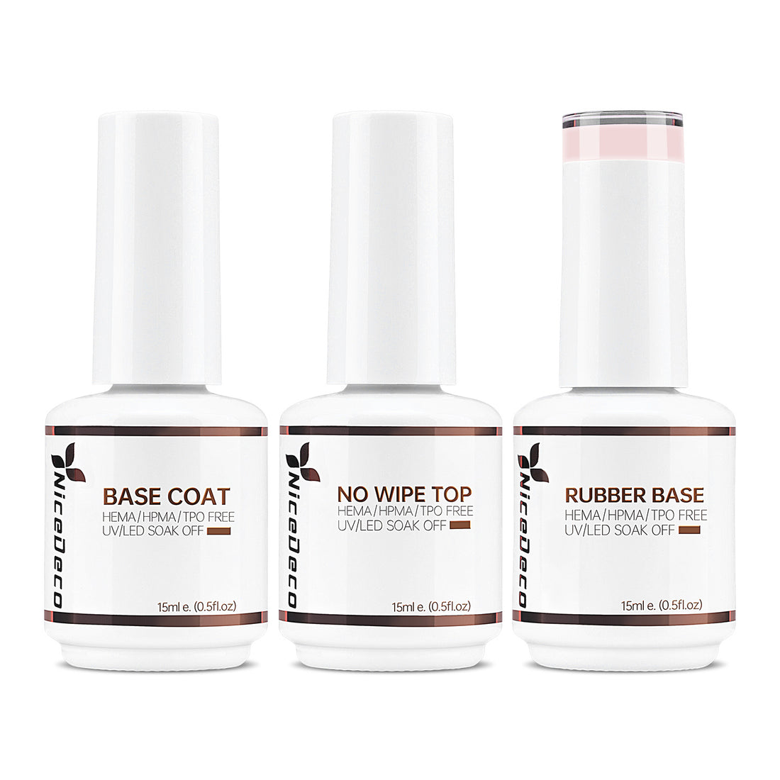 NiceDeco HEMA-free Gel Polish Set -  Base Coat + Top Coat + Rubber Base (NR24)